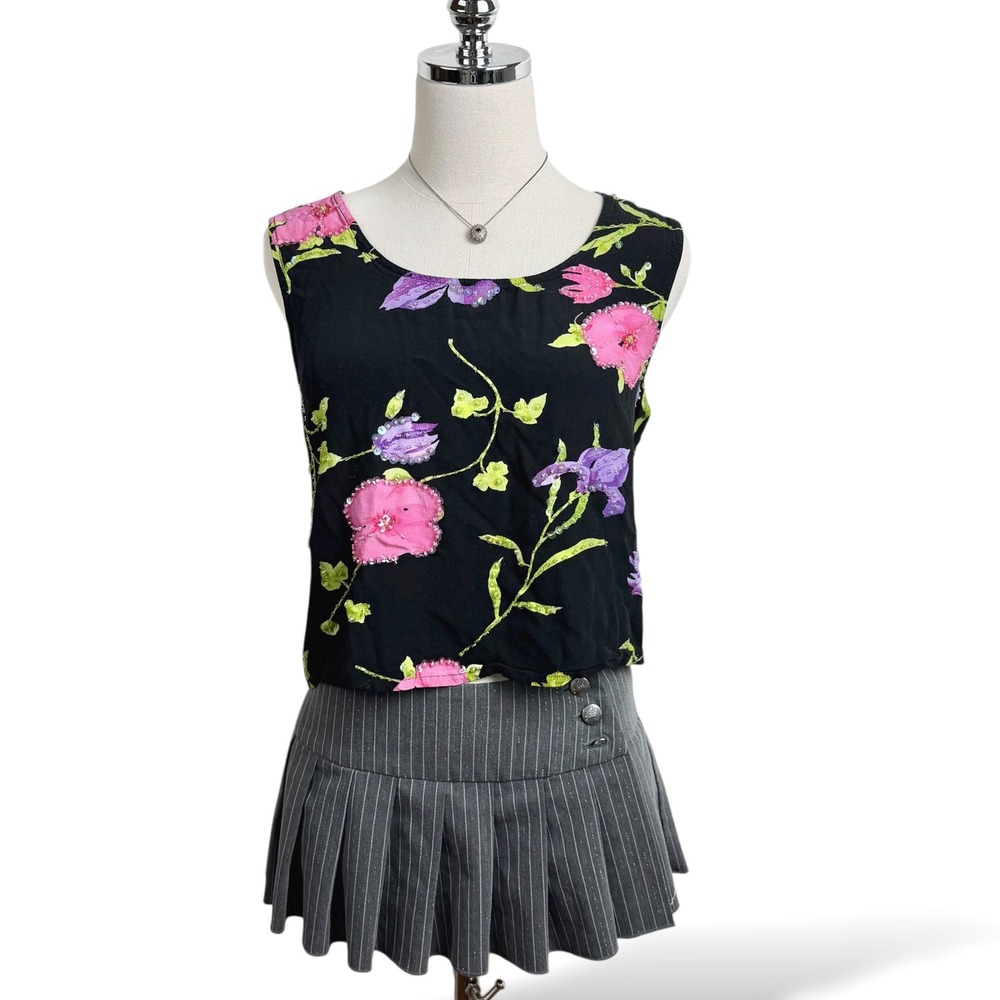 Key Lime Pie Womens M Black Floral Beaded Tank Top Y2K 90s Sleeveless Crop